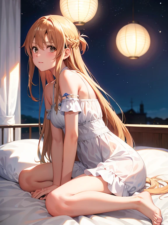 (mejor calidad, 8K, ultra high resolution, absurdo:1.2), (Yuuki Asuna de Sword Art Online), ( cabello largo y hermoso, ojos de miel, Adulto, maduro, Rubor, shy, lindo ), ( tumbado en la cama, en la espalda, mirando al frente, Somnoliento, Bostezo, vistiendo un vestido blanco, luces de vela, Luces acogedoras, noche )