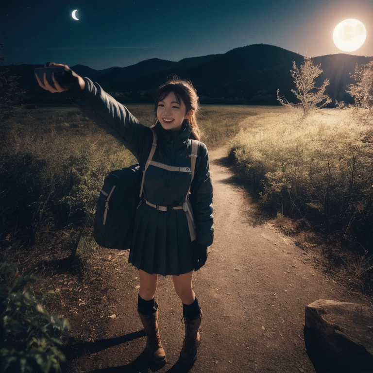 Japanese High School Girl((Upper body selfie, Happy)), masterpiece, highest quality, Super detailed, alone, Outdoor, (night), Mountain々, nature, (performer, moon) Hilarious, Happy, Backpack, sleeping bag, Camping stove, Water bottle, Mountain boots, gloves, sweater, Have, flashlight, forest, rock, river, wood, cigarette, Shadow, Contrast, sunny,
Analog Style (View the viewer:1.2) (Skin Texture)
(Film Grain:1.3), (Warm shades, Warm Tones)
