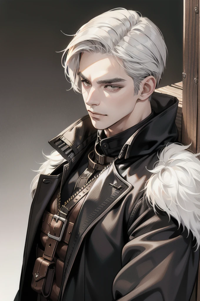 (absurd res, high res, ultra detailed), 1 male, adult, handsome, tall muscular guy, broad shoulders, white hair, finely detailed eyes, portrait, looking at viewer, solo, half shot, detailed background, detailed face, (steampunk industrial), smirk, renegade, rugged dark leather clothes, small leather pouch, high fantasy medieval setting, smuggler hideout background, stealth, undercover, (crates in background), shadows, fog, (dutch angle), closed mouth