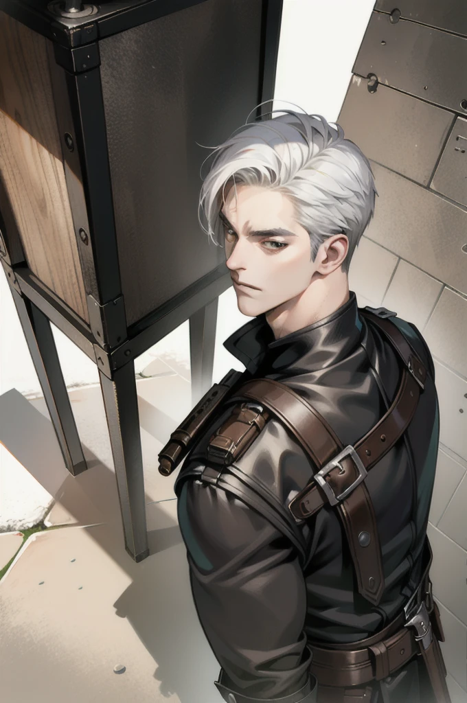 (absurd res, high res, ultra detailed), 1 male, adult, handsome, tall muscular guy, broad shoulders, white hair, finely detailed eyes, portrait, looking at viewer, solo, half shot, detailed background, detailed face, (steampunk industrial), smirk, renegade, rugged dark leather clothes, small leather pouch, high fantasy medieval setting, smuggler hideout background, stealth, undercover, (crates in background), shadows, fog, (dutch angle), closed mouth