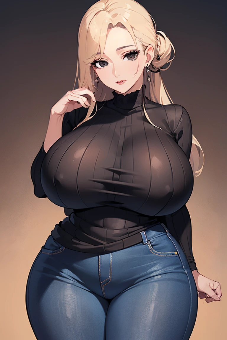 (Uhd, Masterpiece, Textured Skin, Super Detail, High Details, High Quality, Best Quality), Detailed Face, 1woman, mature pretty woman, ((Wide hips, thick thighs, massive huge breasts)), Blonde hair tied up, (Black sweater shirt), (jeans), (Huge Body), (Hair tied:1.3)
