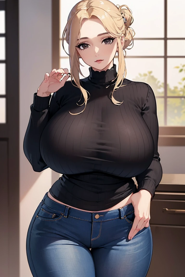 (Uhd, Masterpiece, Textured Skin, Super Detail, High Details, High Quality, Best Quality), Detailed Face, 1woman, mature pretty woman, ((Wide hips, thick thighs, massive huge breasts)), Blonde hair tied up, (Black sweater shirt), (jeans), (Huge Body), (Hair tied:1.3)