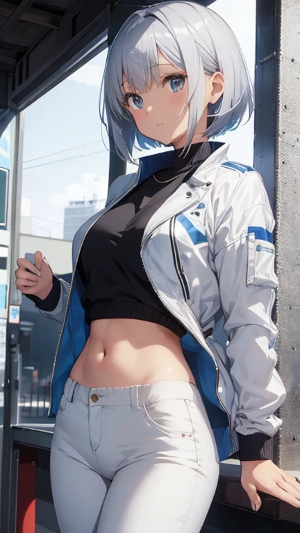 nishi kinuyo,White jacket,Blue Pants,Big Breasts,Short bob cut hair,Skimpy clothing,Silver Hair,White&#39;s Eyes,Smiling expression,whole body,Upright posture,Around age 30,Adult atmosphere
