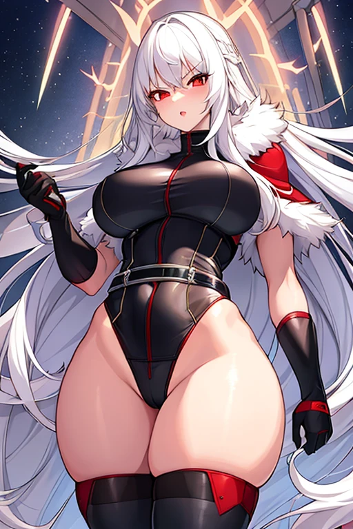 1girl, white hair, long hair, red eyes, serious, glowing eyes, large breasts, thick thighs, mature female, athletic  female, toned, leotard, black leotard, thighhighs, belt, knife, fur trim, fur