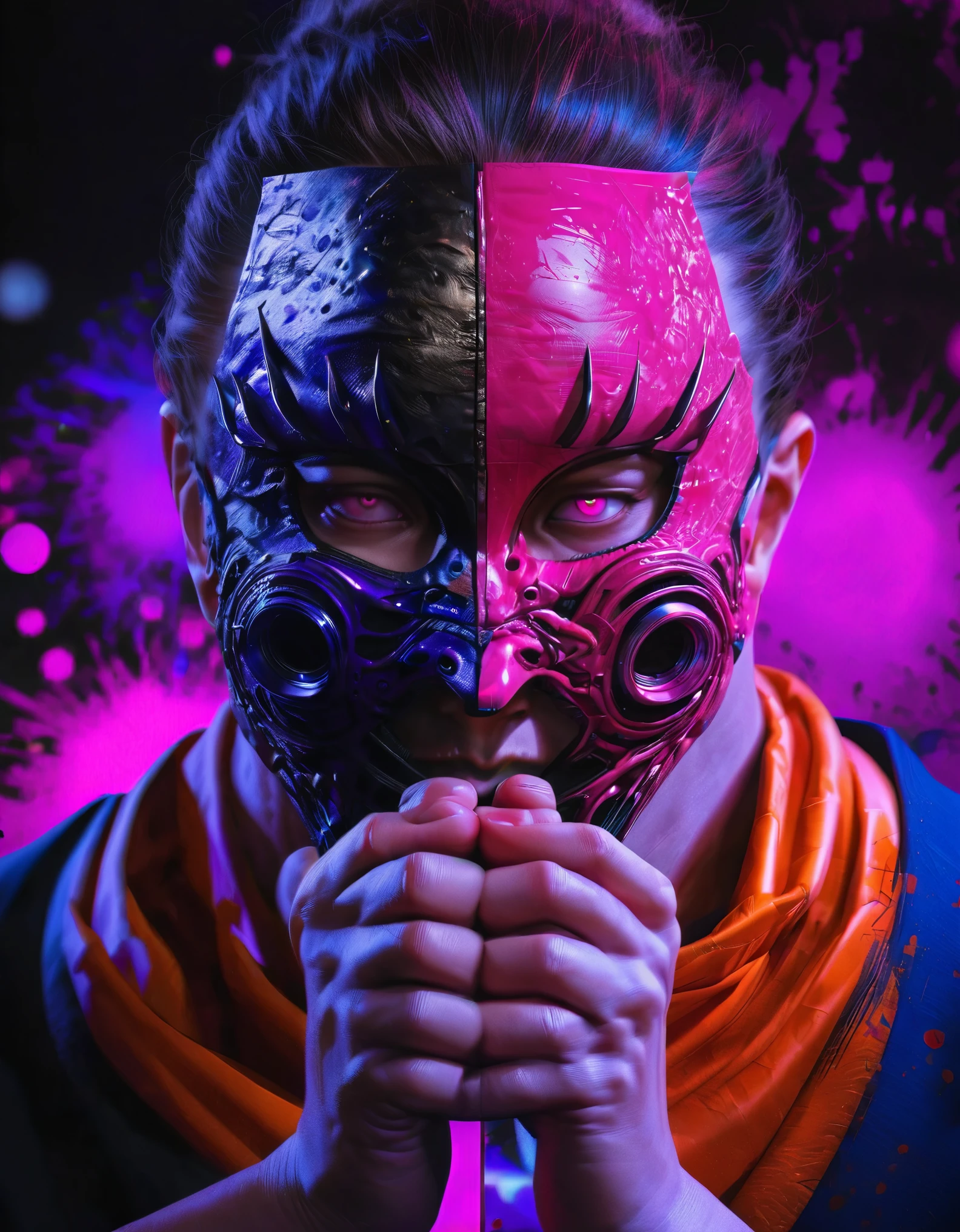 anime,Jujutsu Kaisen,characters with their hands in a praying position in front of their face,[praying hands] wearing a mask,[mask] pink eyes,[pink eyes] purple and black splatter background,[purple and black splatter] vivid colors,realistic,physically-based rendering,extremely detailed,ultra-detailed,sharp focus,professional,bokeh