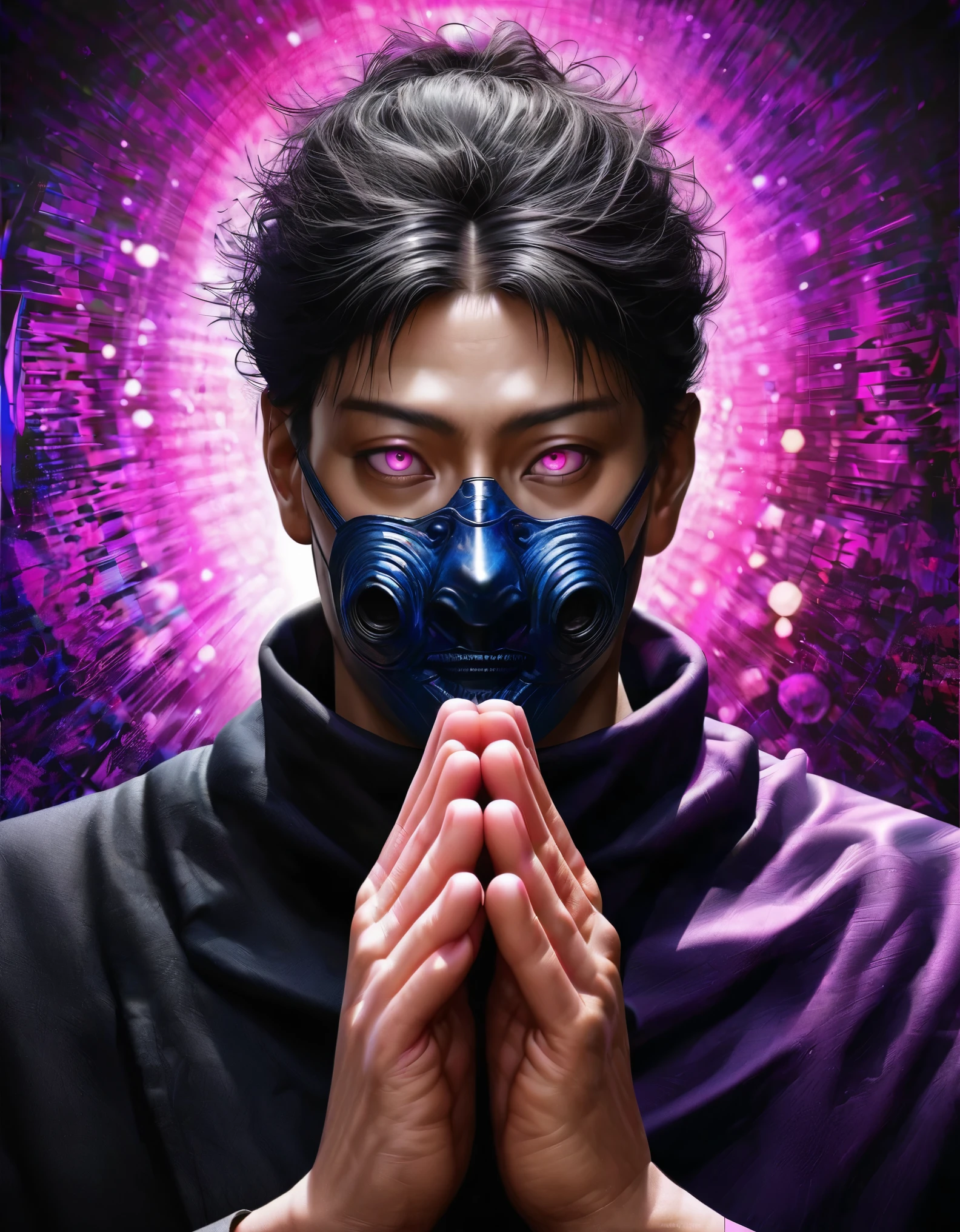 anime,Jujutsu Kaisen,characters with their hands in a praying position in front of their face,[praying hands] wearing a mask,[mask] pink eyes,[pink eyes] purple and black splatter background,[purple and black splatter] vivid colors,realistic,physically-based rendering,extremely detailed,ultra-detailed,sharp focus,professional,bokeh