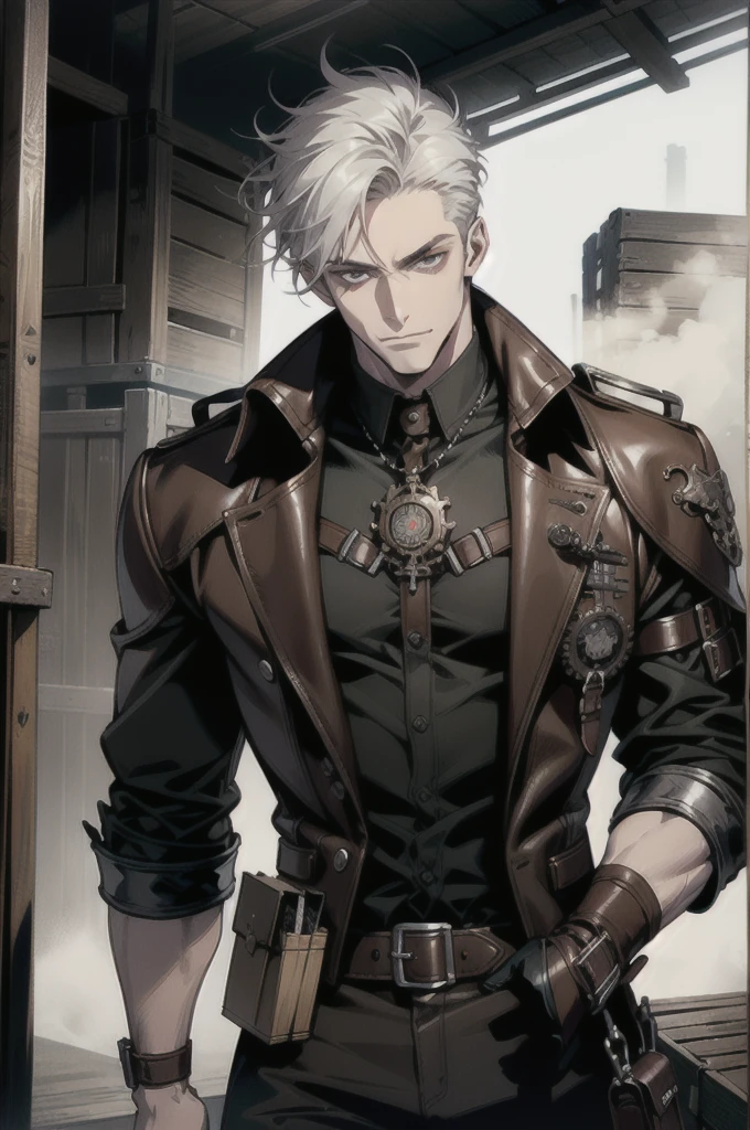 (absurd res, high res, ultra detailed), 1 male, adult, handsome, tall muscular guy, broad shoulders, white hair, finely detailed eyes, portrait, looking at viewer, solo, half shot, detailed background, detailed face, (steampunk industrial), smirk, renegade, rugged dark leather clothes, small leather pouch, high fantasy medieval setting, smuggler hideout background, stealth, undercover, (crates in background), shadows, fog, (dutch angle), closed mouth