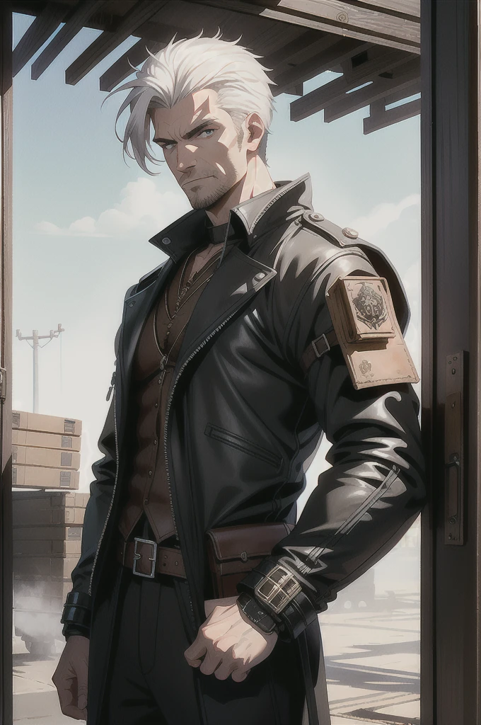 (absurd res, high res, ultra detailed), 1 male, adult, handsome, tall muscular guy, broad shoulders, white hair, finely detailed eyes, portrait, looking at viewer, solo, half shot, detailed background, detailed face, (steampunk industrial), smirk, renegade, rugged dark leather clothes, small leather pouch, high fantasy medieval setting, smuggler hideout background, stealth, undercover, (crates in background), shadows, fog, (dutch angle), closed mouth