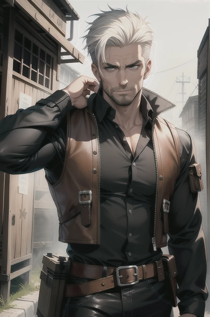 (absurd res, high res, ultra detailed), 1 male, adult, handsome, tall muscular guy, broad shoulders, white hair, finely detailed eyes, portrait, looking at viewer, solo, half shot, detailed background, detailed face, (steampunk industrial), smirk, renegade, rugged dark leather clothes, small leather pouch, high fantasy medieval setting, smuggler hideout background, stealth, undercover, (crates in background), shadows, fog, (dutch angle), closed mouth