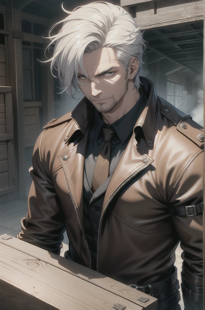 (absurd res, high res, ultra detailed), 1 male, adult, handsome, tall muscular guy, broad shoulders, white hair, finely detailed eyes, portrait, looking at viewer, solo, half shot, detailed background, detailed face, (steampunk industrial), smirk, renegade, rugged dark leather clothes, small leather pouch, high fantasy medieval setting, smuggler hideout background, stealth, undercover, (crates in background), shadows, fog, (dutch angle), closed mouth