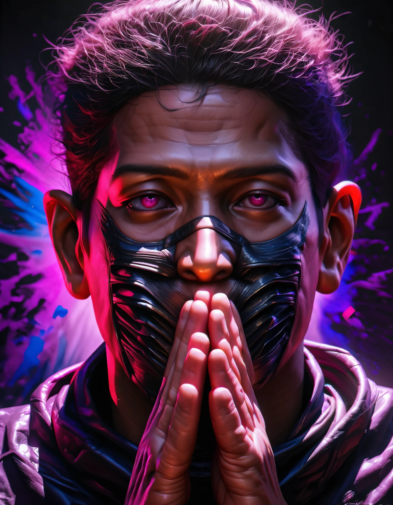 anime, Jujutsu Kaisen, characters with their hands in a praying position in front of their face, a mask, pink eyes, purple and black splatter background, (best quality,4k,8k,highres,masterpiece:1.2), ultra-detailed, (realistic,photorealistic,photo-realistic:1.37), vibrant colors, dark shadows, intense lighting, anime style