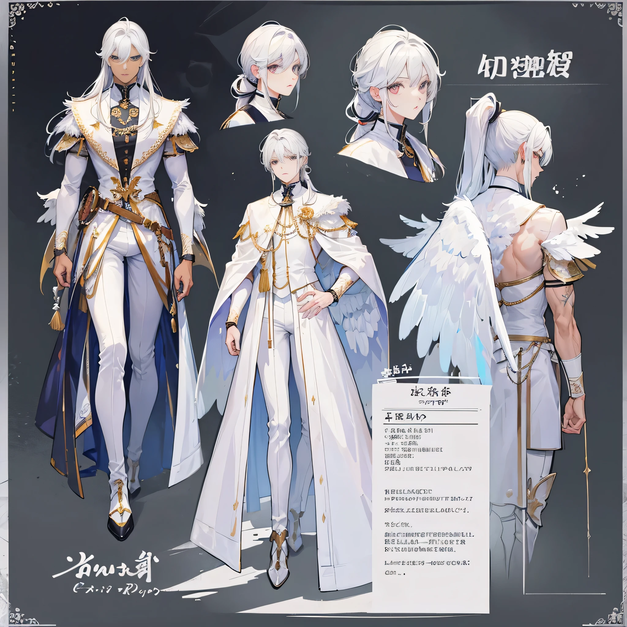((Masterpiece, Highest quality)), Male, boy, Detailed face, character design sheet，full bodyesbian, Full of details, frontal body view, back body view, Highly detailed, character sheet, reference sheet, character design, Many parts, dark skin, angel wings, white hair, angel outfit, Muscle boy with white long ponytail hair，handsome man, male angel , man tall, 