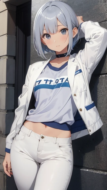 nishi kinuyo,White jacket,Blue Pants,Small breasts,Short bob cut hair,Skimpy clothing,Silver Hair,White&#39;s Eyes,Smiling expression,whole body,Upright posture,Around age 30,Adult atmosphere