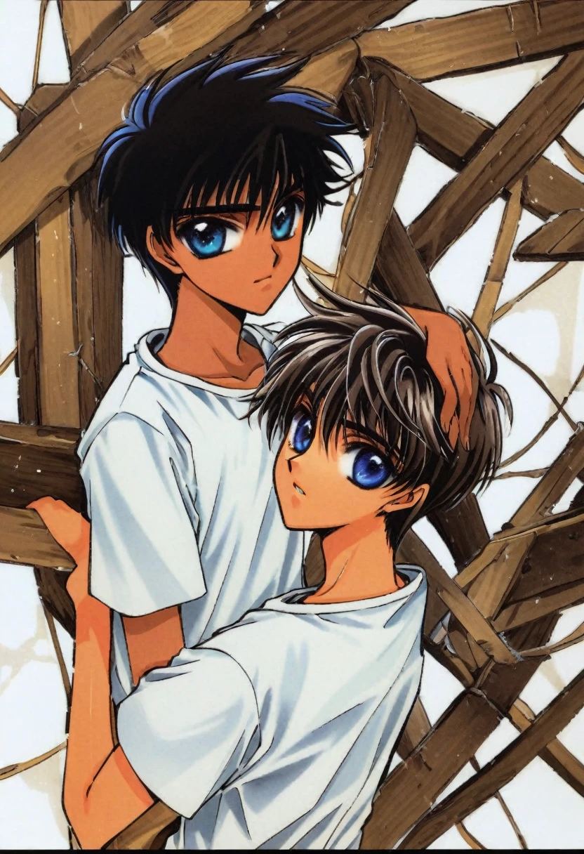 cute 12-years-old indian ??? boy, dark brown skin, (((blue eyes))), white social shirt, CLAMP art style