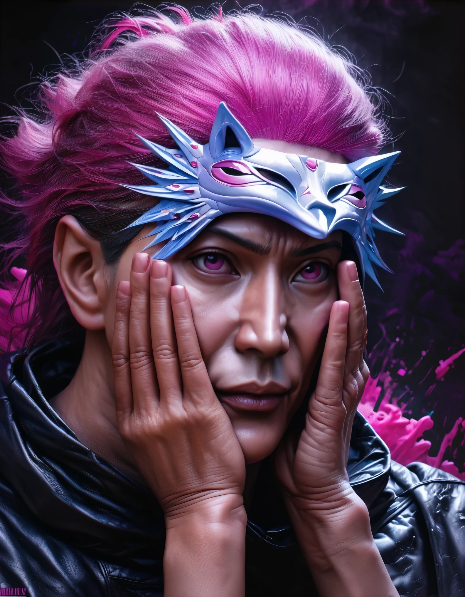 anime, Jujutsu Kaisen, characters with their hands in a praying position in front of their face, a mask, pink eyes, purple and black splatter background, (best quality,4k,8k,highres,masterpiece:1.2), ultra-detailed, (realistic,photorealistic,photo-realistic:1.37), vibrant colors, dark shadows, intense lighting, anime style