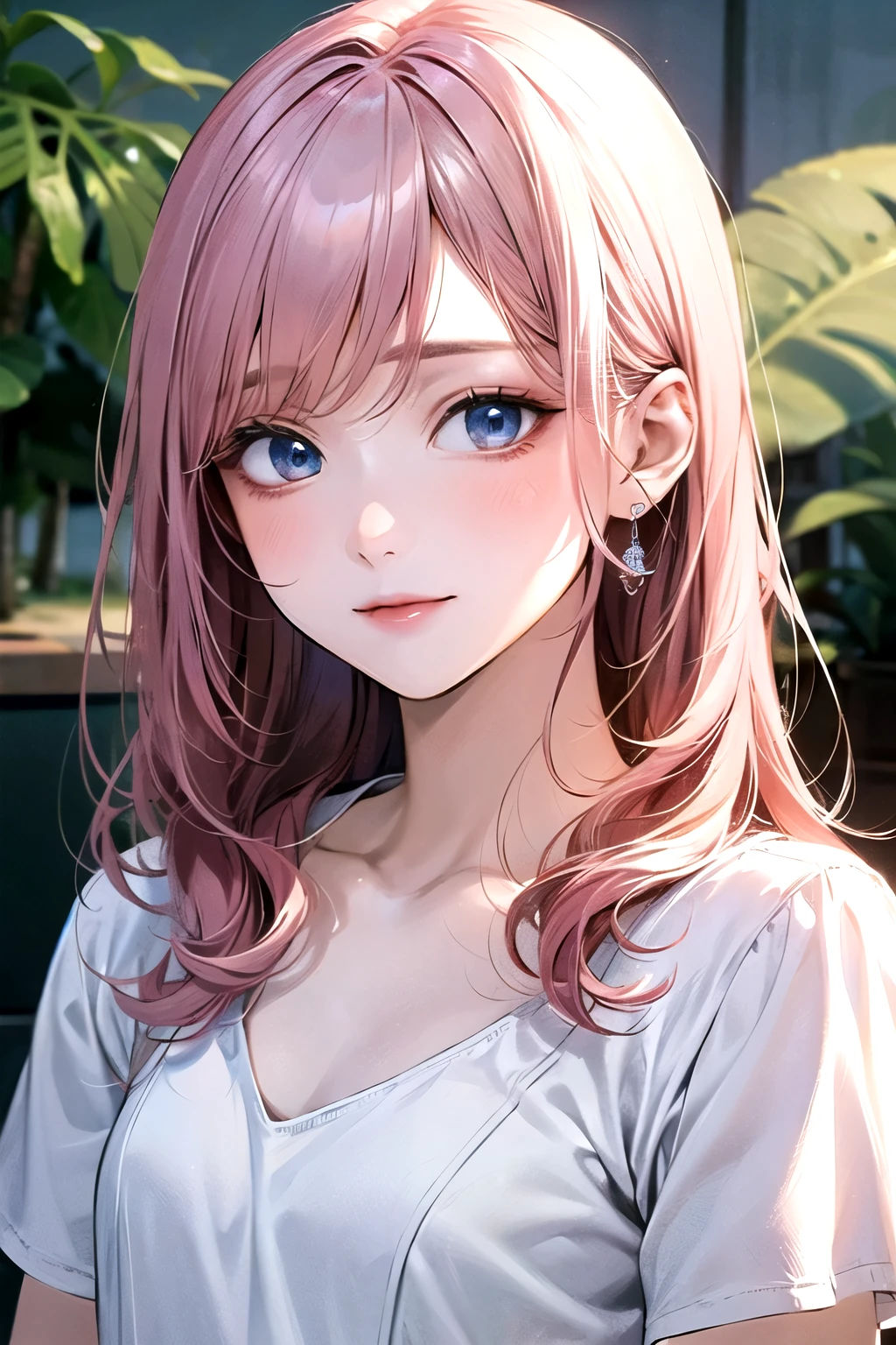 ((best quality)), ((masterpiece)), (detailed), perfect face. Asian girl. Pink hair. Blue eyes. V neck. Small breast.