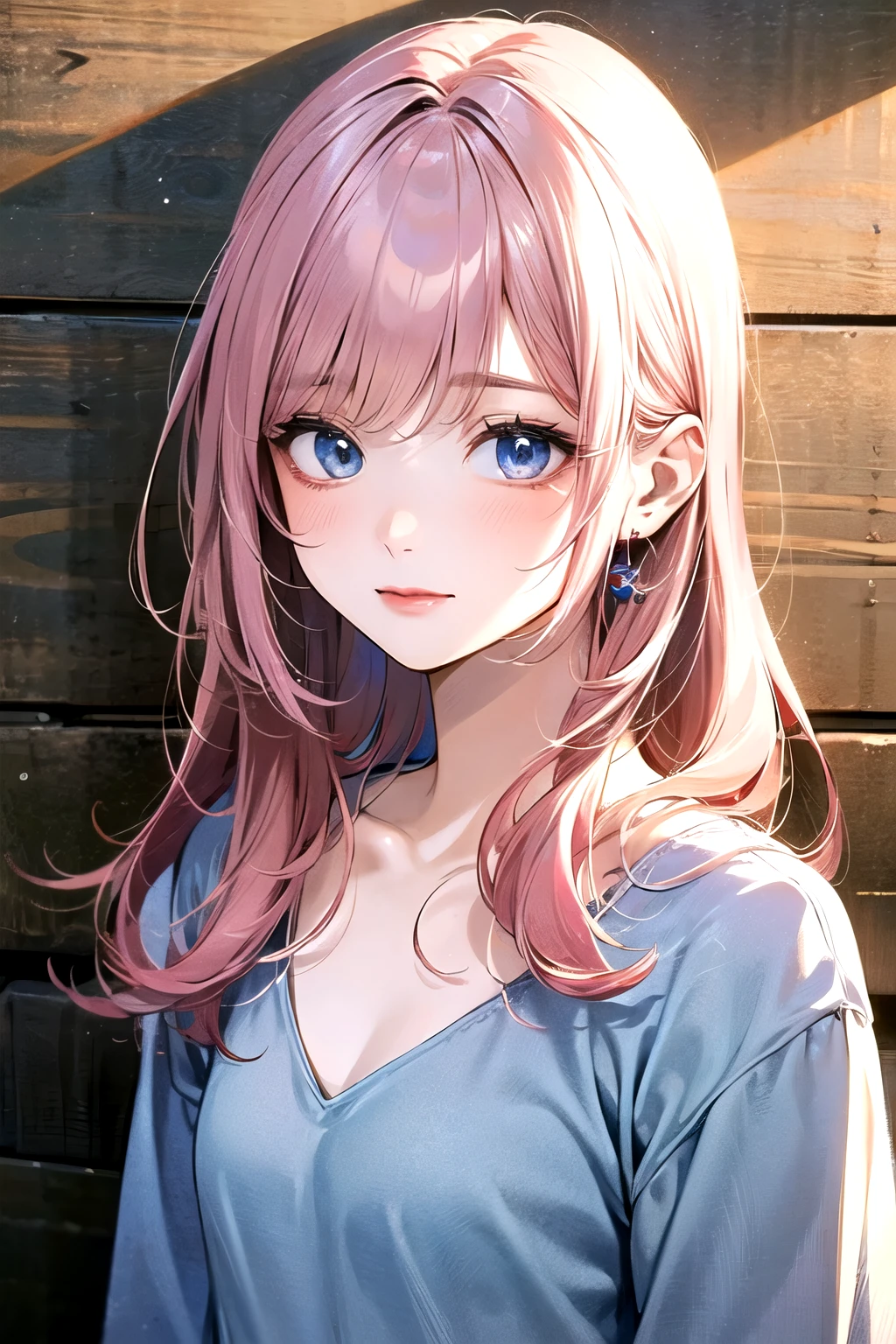 ((best quality)), ((masterpiece)), (detailed), perfect face. Asian girl. Pink hair. Blue eyes. V neck. Small breast.