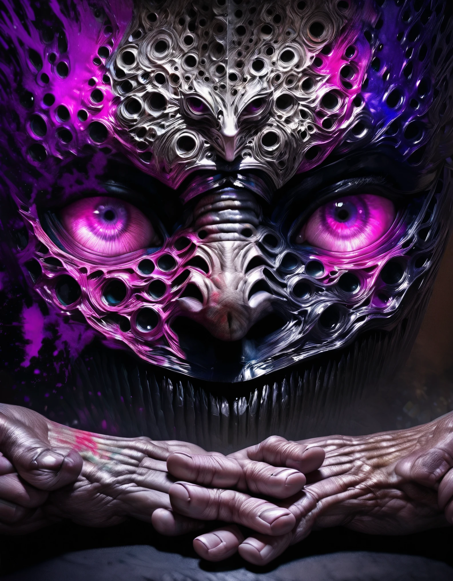 anime,Jujutsu Kaisen,characters with their hands in a praying position in front of their face,[praying hands] wearing a mask,[mask] pink eyes,[pink eyes] purple and black splatter background,[purple and black splatter] vivid colors,realistic,physically-based rendering,extremely detailed,ultra-detailed,sharp focus,professional,bokeh