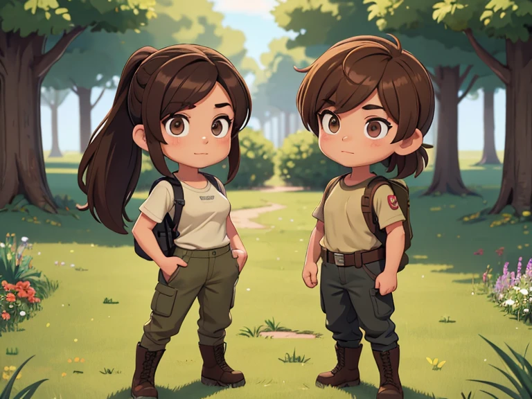 Two characters in a scene boy and girl (absolutely identical twins brother and sister), The first character is a handsome, modest, round-faced, brown-eyed boy with beautiful girlish features and an ideal male figure., with semi-long brown hair tied in a ponytail, Military style (marsh color T-shirt, military style trousers with patch pockets, massive high infantry boots, backpack), and the second character is a strong, very muscular feminist girl with aesthetic small breasts with beautiful erect nipples, with very tousled shaggy semi-long brown hair, hair between the eyes, Brown eyes, beautiful face, an athlete with well-developed proportional muscles, khaki racer jersey(absolutely no bra), military style trousers with patch pockets, massive high infantry boots, backpack; talk to each other, different emotions, free pose, free interaction with each other, against the backdrop of the nature of central Russia 