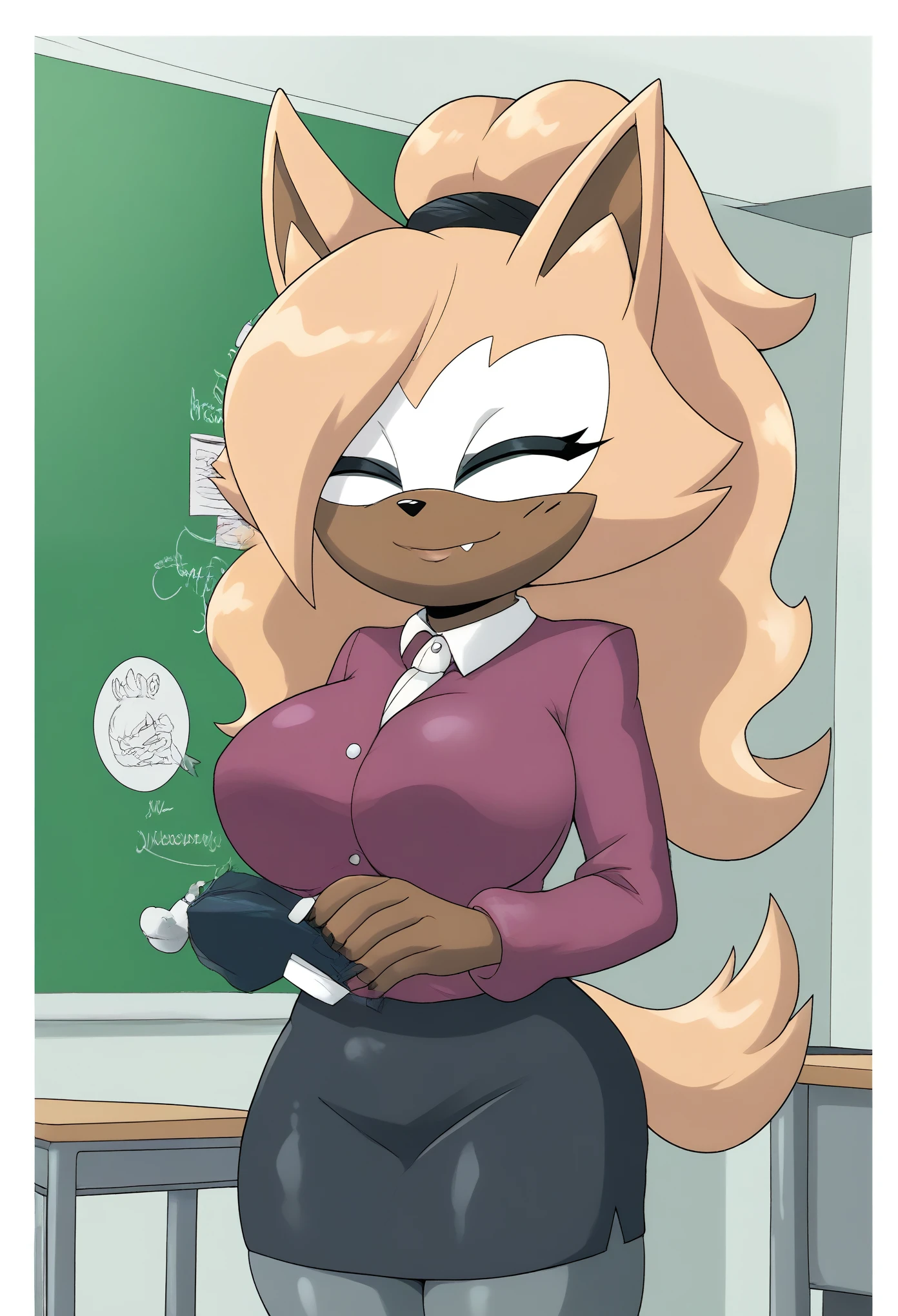 Female wolf, Whisper the Wolf, closed eyes, (hair down), long curly hair, body, large breasts, eyelashes, cute smile, school house, dressed as a teacher, teacher dress, classroom, daytime, mobian, mobius city