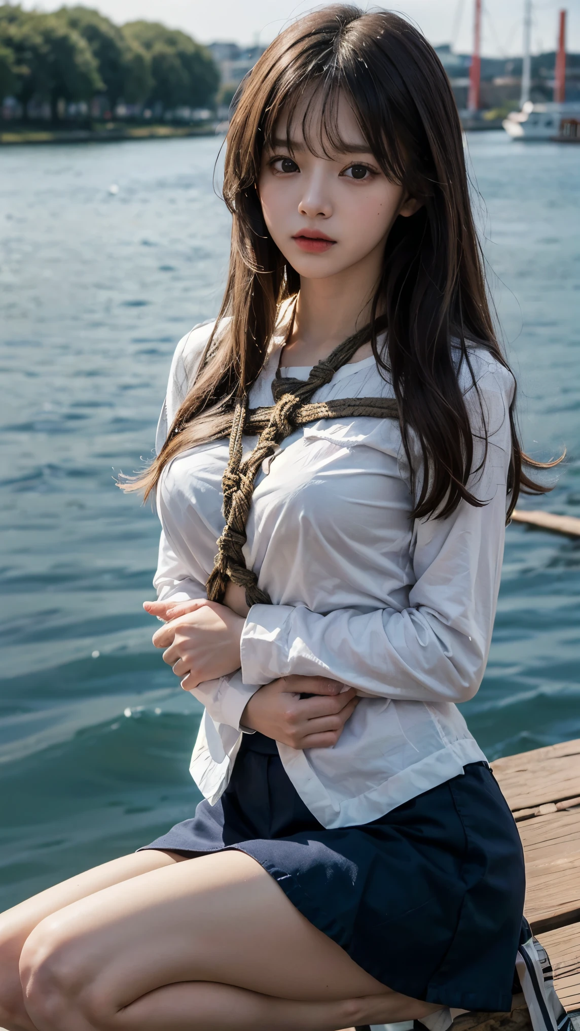 A woman who has been  and tied up is squatting on the shore of a lake、Her hands are behind her back and her wrists are tied with rope、Beauty、Wearing a navy blue long sleeve blazer、Wearing a long-sleeved blouse、She is wearing a skirt with a Barbarian pattern.、White panties are visible from between the legs、, black hair, bangs, floating hair, straight hair, shiny hair, eyeball, shy, Surrealism, cinematic lighting, UHD, best quality, highres, 8k