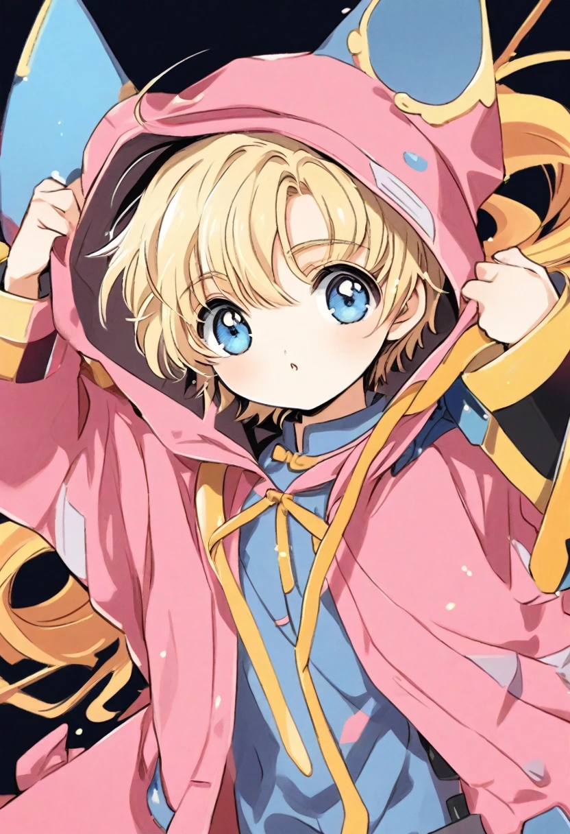 cute 8-years-old american ??? boy, blonde hair, blue eyes, dark pink coat, CLAMP art style