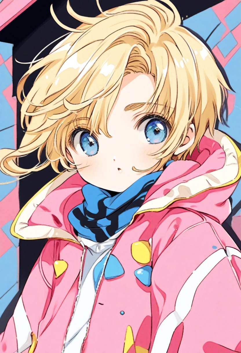 cute 8-years-old american ??? boy, blonde hair, blue eyes, dark pink coat, CLAMP art style