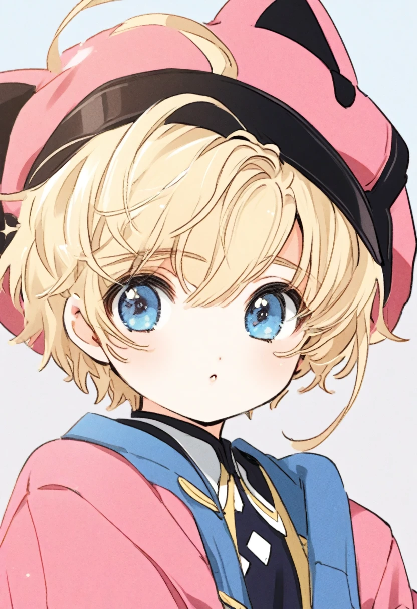 cute 8-years-old american ??? boy, blonde hair, blue eyes, dark pink coat, CLAMP art style