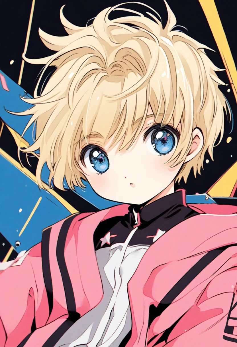 cute 8-years-old american kid boy, blonde hair, blue eyes, dark pink coat, CLAMP art style