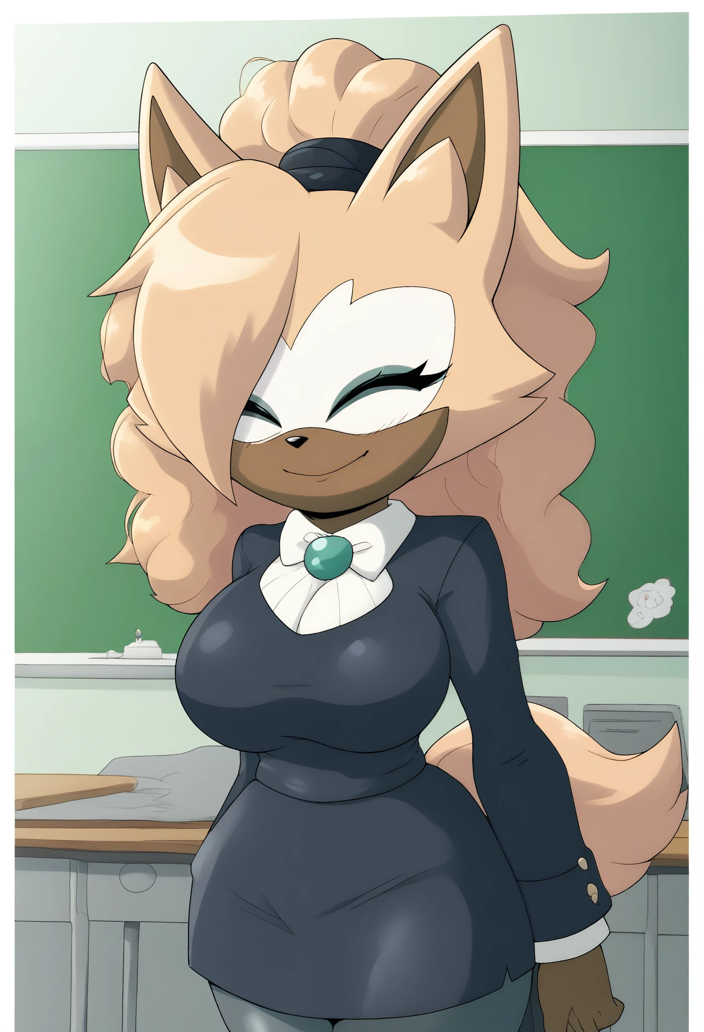 Female wolf, Whisper the Wolf, closed eyes, (hair down), long curly hair, body, large breasts, eyelashes, cute smile, school house, dressed as a teacher, teacher dress, classroom, daytime, mobian, mobius city