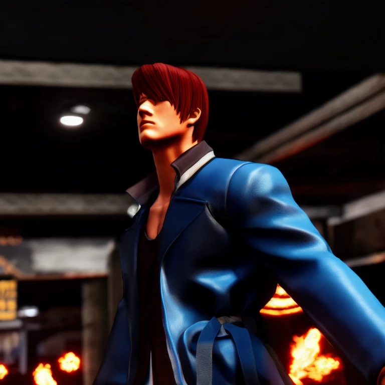 30-year-old male, alone, alone, Athletic ability, Video Game Characters, King of Fighters, Iori Yagami, Wearing a trench coat, Blue Fire, Movie, Ultra-sharp focus, Award-winning photography, Perfect contrast, High Sharpness, Depth of written boundary, Ultra HD Photos, Global Illumination, Smooth, Ultra-high resolution, 8k, Unreal Engine 5, Ultra-sharp focus, Award-winning photography, Art Station Trends,