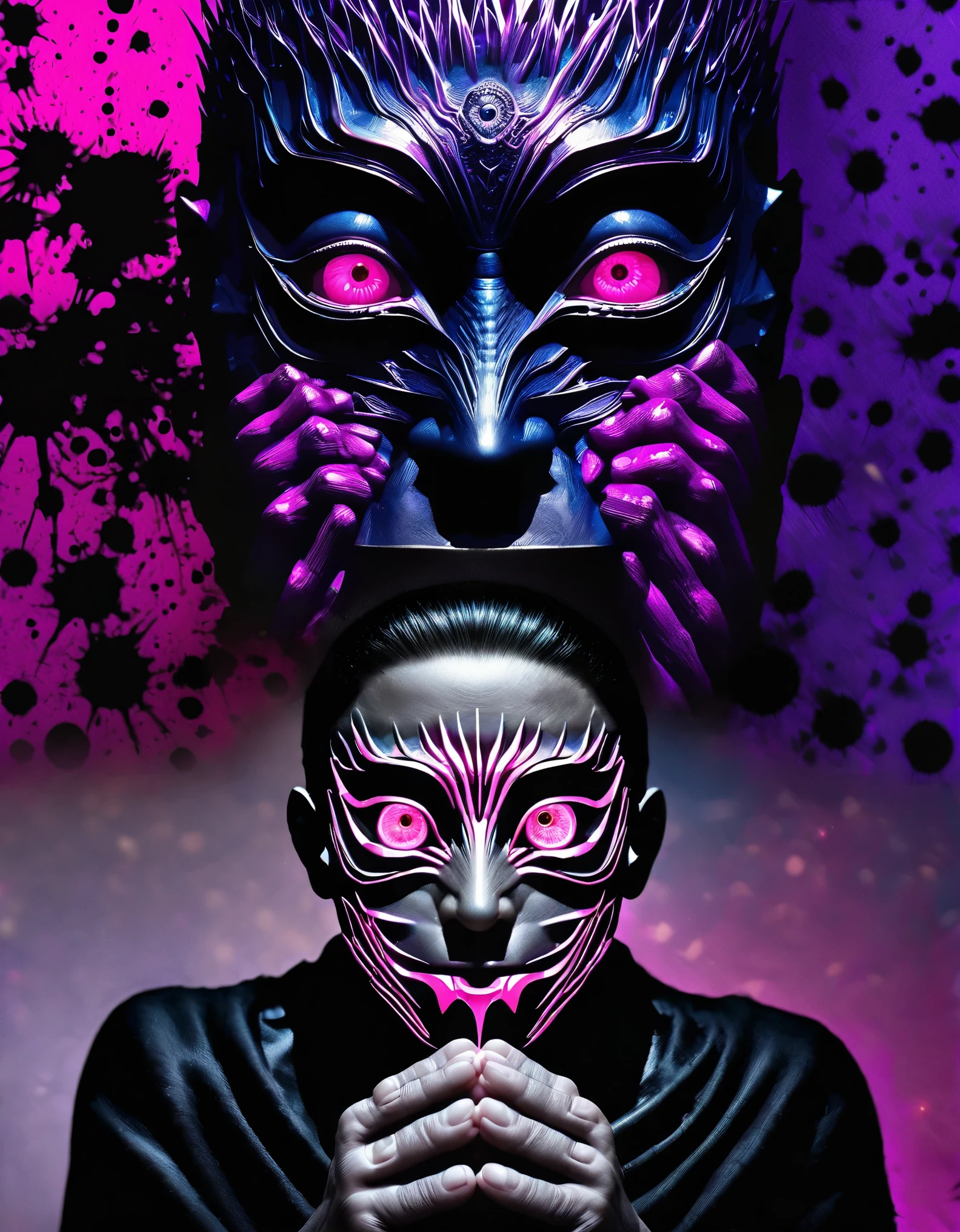 anime,Jujutsu Kaisen,characters with their hands in a praying position in front of their face,[praying hands] wearing a mask,[mask] pink eyes,[pink eyes] purple and black splatter background,[purple and black splatter] vivid colors,realistic,physically-based rendering,extremely detailed,ultra-detailed,sharp focus,professional,bokeh