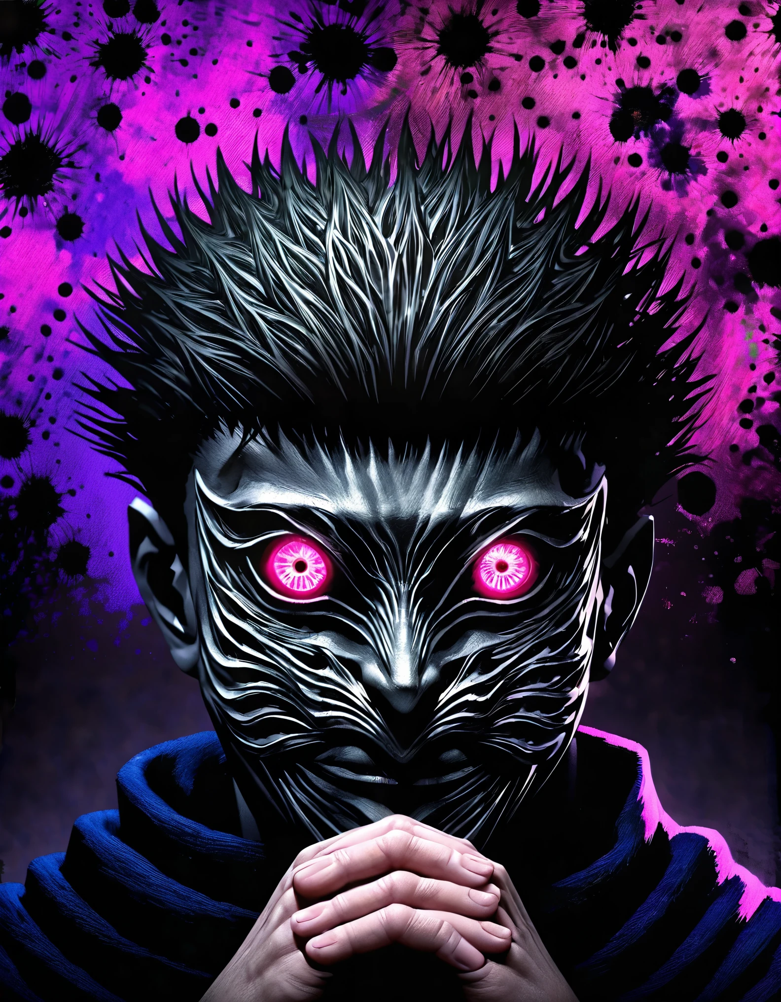 Kentaro Miura anime,Jujutsu Kaisen,characters with their hands in a praying position in front of their face,[praying hands] wearing a mask,[mask] pink eyes,[pink eyes] purple and black splatter background,[purple and black splatter] vivid colors,realistic,physically-based rendering,extremely detailed,ultra-detailed,sharp focus,professional,bokeh