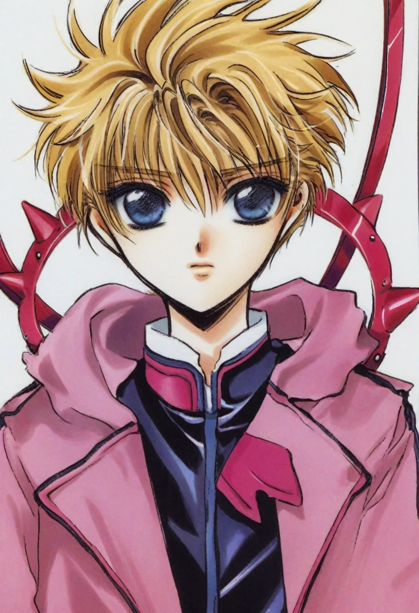 cute 8-years-old american ??? boy, spiky blonde hair, blue eyes, dark pink coat, CLAMP art style