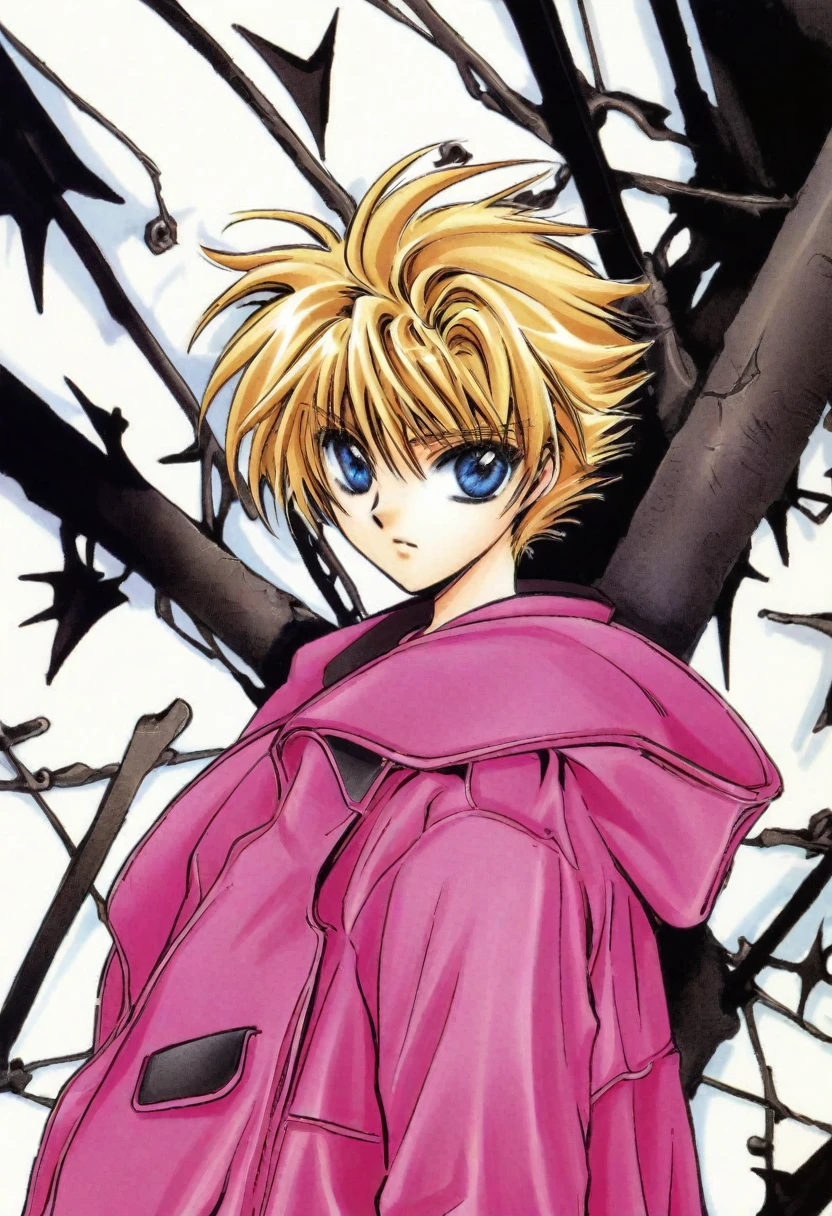 cute 8-years-old american kid boy, spiky blonde hair, blue eyes, dark pink coat, CLAMP art style