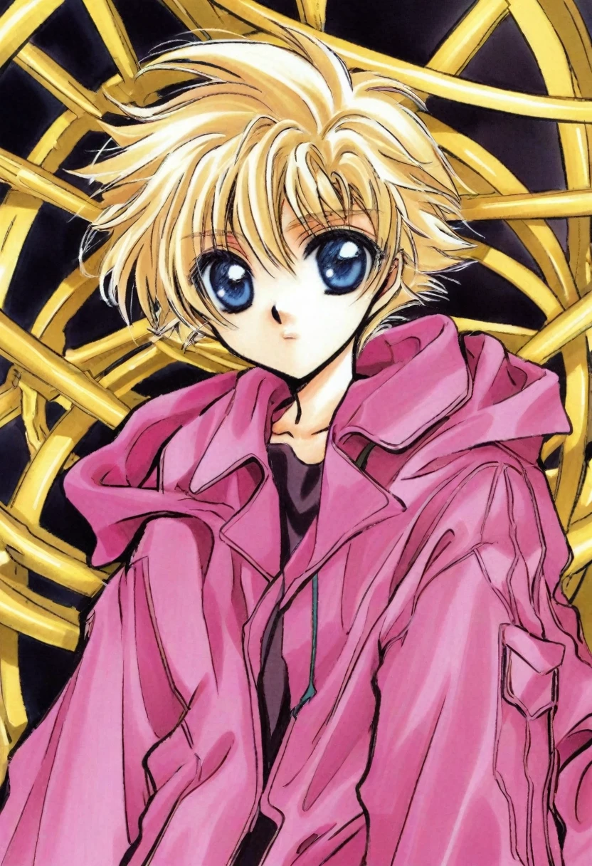 cute 8-years-old american kid boy, spiky blonde hair, blue eyes, dark pink coat, CLAMP art style