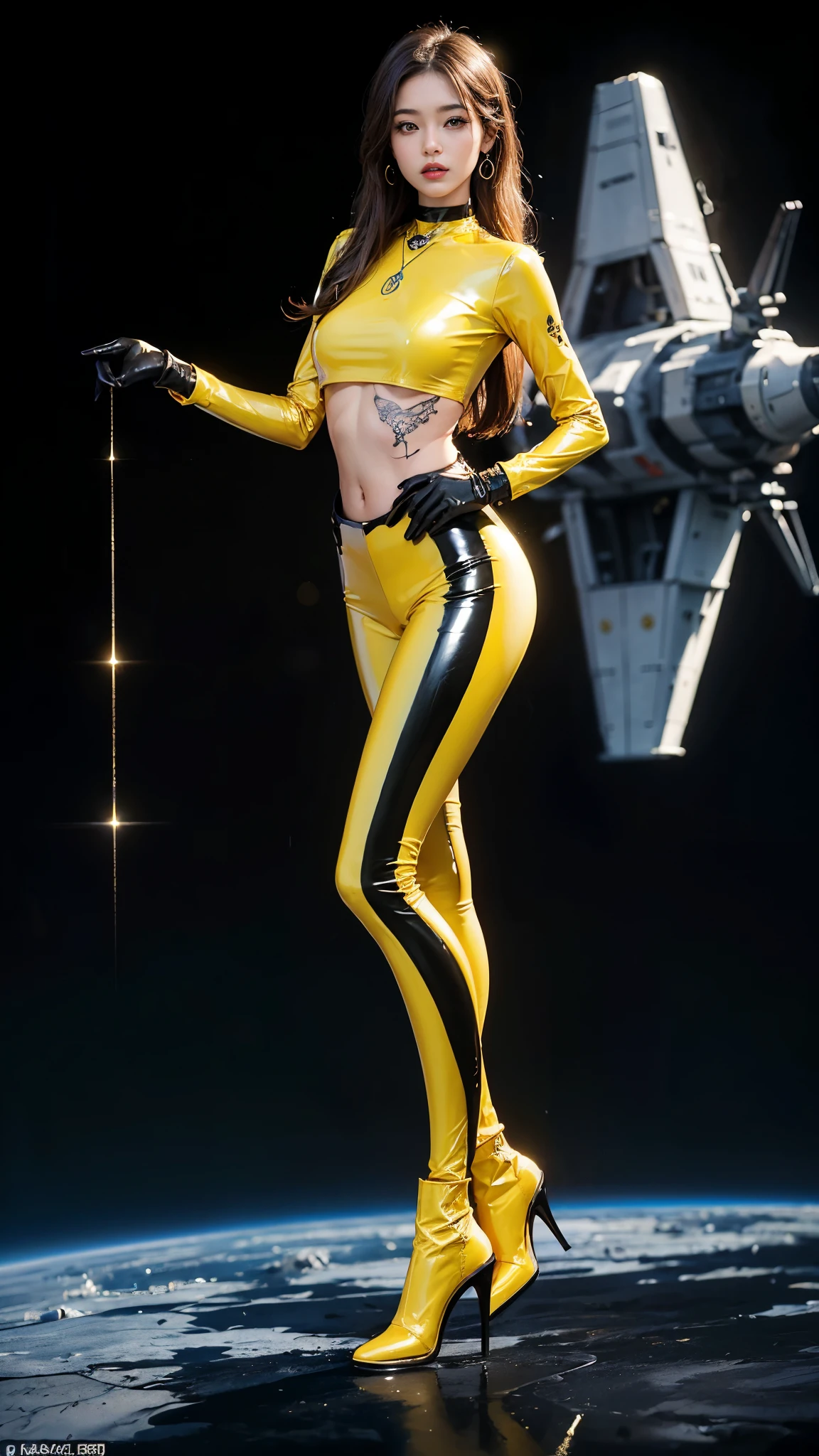 ((masterpiece:1.4)、(highest quality:1.4)、(Realistic:1.7))、Masterpiece:1.4、(Top-notch rendering:1.4)、(Kaoru, the beautiful navigator of the Space Battleship Fuji:1.4)、Super Beauty航海士Kaoru、(By Luis Royo:1.4)、(A uniform that accentuates your beautiful figure:1.2)、(Futuristic sci-fi battle fashion:1.2)、(Street Style Wear)、(Tight Fit Pants)、(Shiny luxury latex:1.4)、(Luxury yellow latex:1.4)、19 years old、(Cute Tattoos:1.4)、(Wearing yellow gloves)、Cute Girl、Super Beauty、(Seductive pose)、Sharp Focus、Portrait Photography:1.4、8k、Photorealistic images:1.4、(Perfect female body:1.4)、Perfect proportions、(Standing:1.4)、(Full body photography:1.4)、Beautiful Face、Fearless look、Beautiful Eyes、(A girl with a beautiful body and slender abdominal muscles)、(Narrow waist:1.4)、(9-body proportions beautiful girl:1.4)、(A beautiful girl with long legs and a good figure:1.4)、Beautiful feet:1.4、(Long Hair:1.2)、Heavy makeup、Eyeshadow、Glow Eye、Glow Lip、Beautiful breasts、Large Breasts:1.2、sexy ass、(Standing facing forward:1.4)、Raw photo、Red lips、Yellow high heels:1.4、choker:1.4、necklace:1.4、Earrings:1.4、1 Screen Display:1.4、Space Battleship Fuji&#39;s bridge:1.2