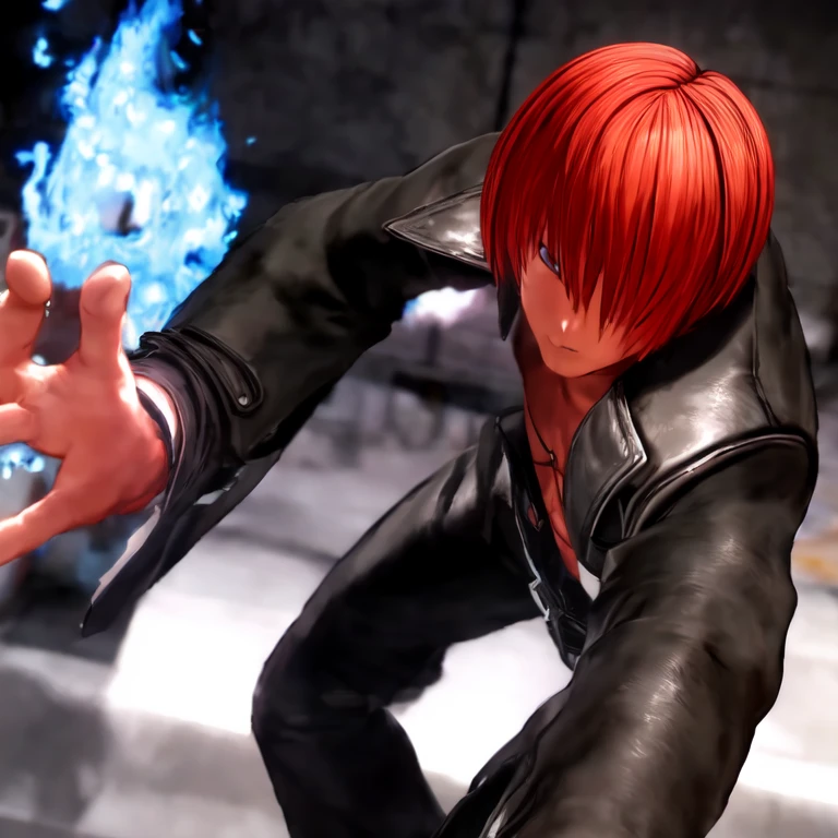 30-year-old male, alone, alone, Athletic ability, Video Game Characters, King of Fighters, Iori Yagami, Wearing a trench coat, Blue Fire, Movie, Ultra-sharp focus, Award-winning photography, Perfect contrast, High Sharpness, Depth of written boundary, Ultra HD Photos, Global Illumination, Smooth, Ultra-high resolution, 8k, Unreal Engine 5, Ultra-sharp focus, Award-winning photography, Art Station Trends,