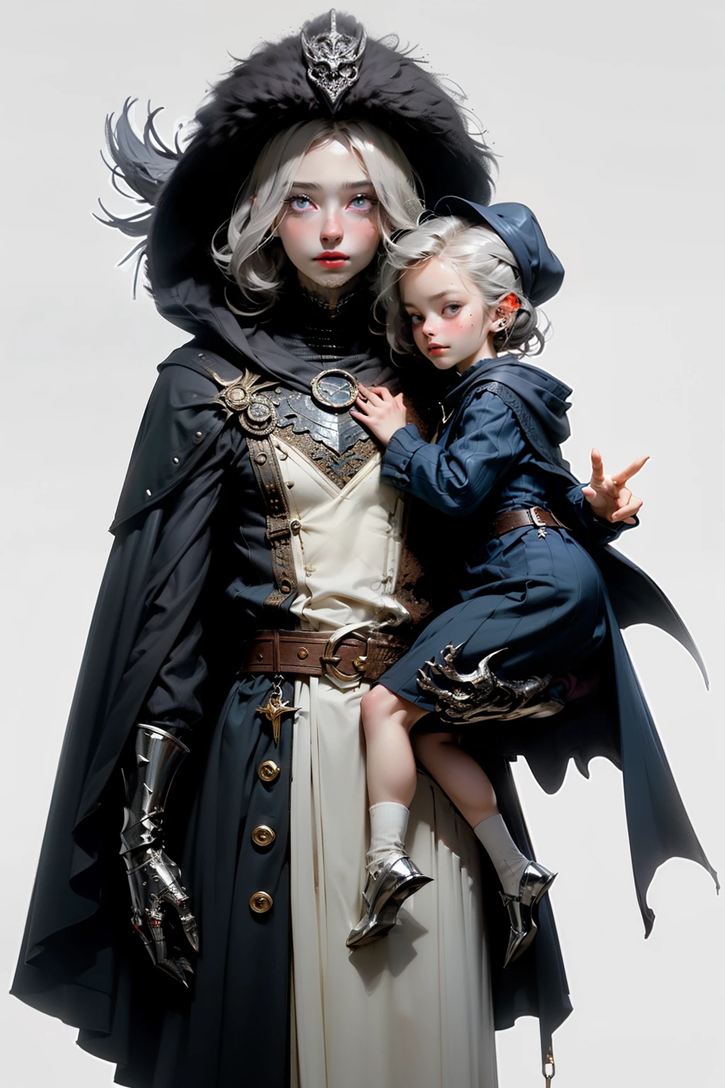 ((best quality)), ((masterpiece)), (detailed), perfect face, hand drawn style, hand painted style, watercolour, sketch, a knight, white background, plain background, Bloodborne inspired, tatty Bloodborne attire, occult aesthetic, occult, tatty red and white clothing detailed and intricate steampunk and detailed gothic lolita (with a hood), diadems, long coat, Complex laced boots, Fluttering lace flared long knee length dress with frilly petticoats, long dress, knee length dress, pleated petticoats, lolita dress, petticoats gothic lolita, beautiful small breasts, (((( Highly detailed face))), small thin nose, Small thin lips mouth, (((Very sharp focused eyes))), Very large slit precision pale grey eyes that shine like jewels. very long eyelashes, Silver hair swaying in the wind, Emitting a dazzling light in a mandala pattern, white background, Very dramatic and cinematic lighting, tatty damaged old red and white clothing, full body, whole body, body, cosmic horror, grim dark