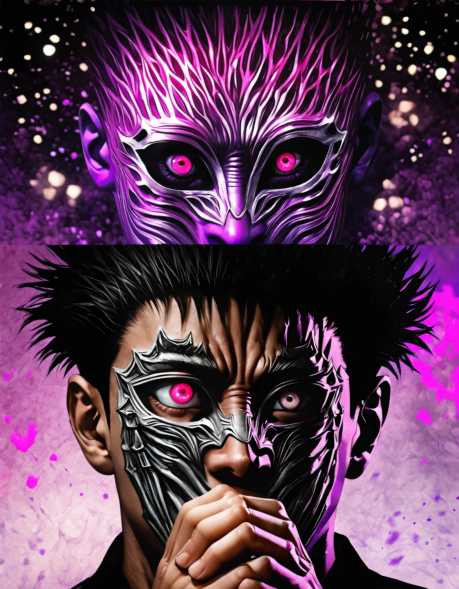 Kentaro Miura anime,Jujutsu Kaisen,characters with their hands in a praying position in front of their face,[praying hands] wearing a mask,[mask] pink eyes,[pink eyes] purple and black splatter background,[purple and black splatter] vivid colors,realistic,physically-based rendering,extremely detailed,ultra-detailed,sharp focus,professional,bokeh