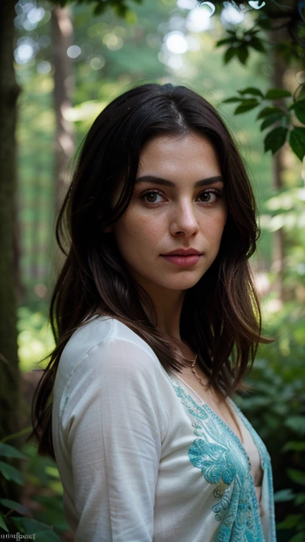 epic realistic, (dark shot:1.4), 80mm, Create a portrait of a woman with long, brown hair. She has a mysterious expression, gazing at the viewer with a slight tilt of her head. She is simply dressed, with an arm wrapped around a tree branch that also resembles a brain cell. The background features a forest of blue, impressionistic leaves, with an eerie white light shining through and a gradient shadow on the top part of the woman's face. Use a backlighting effect to add depth to the image. impressionistic painting style, john singer sarget, anders zorn, blue pallette, wider show with more background and forest, (natural skin texture, hyperrealism, soft light, sharp:1.2), soft light, sharp, exposure blend, medium shot, bokeh, (hdr:1.4), high contrast, (cinematic, teal and orange:0.85), (muted colors, dim colors, soothing tones:1.3), low saturation, (hyperdetailed:1.2), (noir:0.4), (intricate details:1.12), hdr, (intricate details, hyperdetailed:1.15), faded, (neutral colors:1.2), art, (hdr:1.5), (muted colors:1.1), (pastel:0.2), hyperdetailed, (artstation:1.4), warm lights, dramatic light, (intricate details:1.2), vignette, complex background, rutkowski,