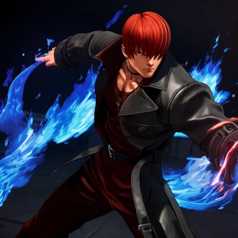 30-year-old male, alone, alone, Athletic ability, Video Game Characters, King of Fighters, Iori Yagami, Wearing a trench coat, Blue Fire, Movie, Ultra-sharp focus, Award-winning photography, Perfect contrast, High Sharpness, Depth of written boundary, Ultra HD Photos, Global Illumination, Smooth, Ultra-high resolution, 8k, Unreal Engine 5, Ultra-sharp focus, Award-winning photography, Art Station Trends,