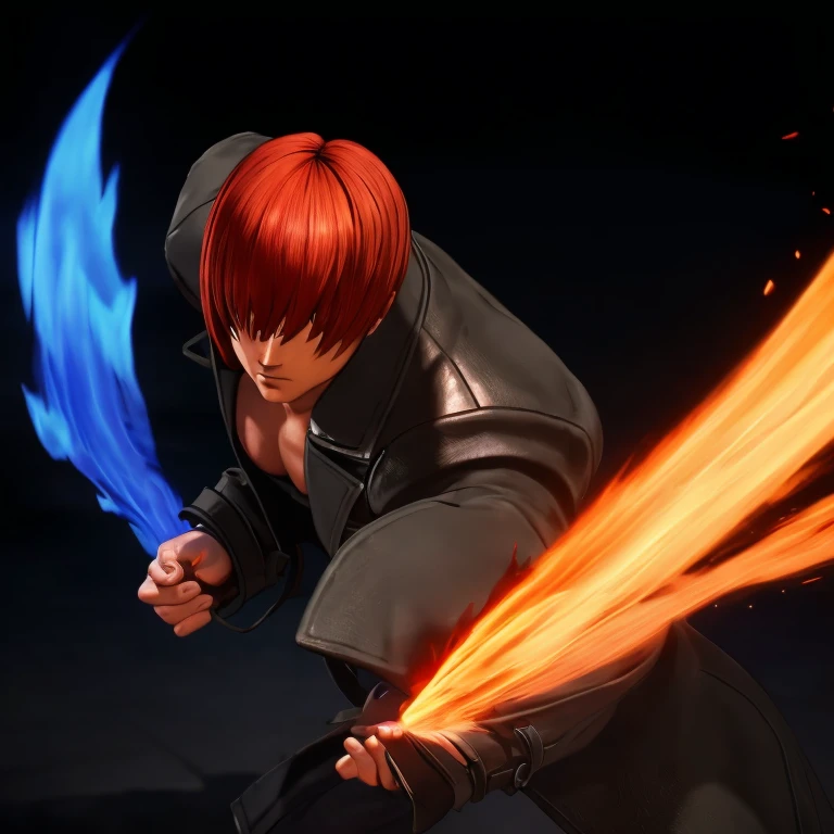 30-year-old male, alone, alone, Athletic ability, Video Game Characters, King of Fighters, Iori Yagami, Wearing a trench coat, Blue Fire, Movie, Ultra-sharp focus, Award-winning photography, Perfect contrast, High Sharpness, Depth of written boundary, Ultra HD Photos, Global Illumination, Smooth, Ultra-high resolution, 8k, Unreal Engine 5, Ultra-sharp focus, Award-winning photography, Art Station Trends,