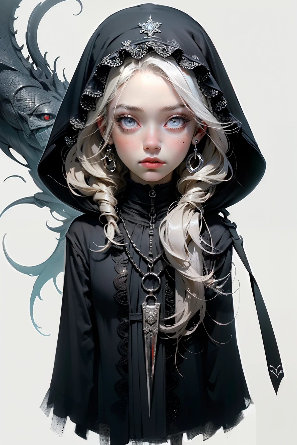 ((best quality)), ((masterpiece)), (detailed), perfect face, hand drawn style, hand painted style, watercolour, sketch, a knight, white background, plain background, Bloodborne inspired, tatty Bloodborne attire, occult aesthetic, occult, tatty red and white clothing detailed and intricate steampunk and detailed gothic lolita (with a hood), diadems, long coat, Complex laced boots, Fluttering lace flared long knee length dress with frilly petticoats, long dress, knee length dress, pleated petticoats, lolita dress, petticoats gothic lolita, beautiful small breasts, (((( Highly detailed face))), small thin nose, Small thin lips mouth, (((Very sharp focused eyes))), Very large slit precision pale grey eyes that shine like jewels. very long eyelashes, Silver hair swaying in the wind, Emitting a dazzling light in a mandala pattern, white background, Very dramatic and cinematic lighting, tatty damaged old red and white clothing, full body, whole body, body, cosmic horror, grim dark