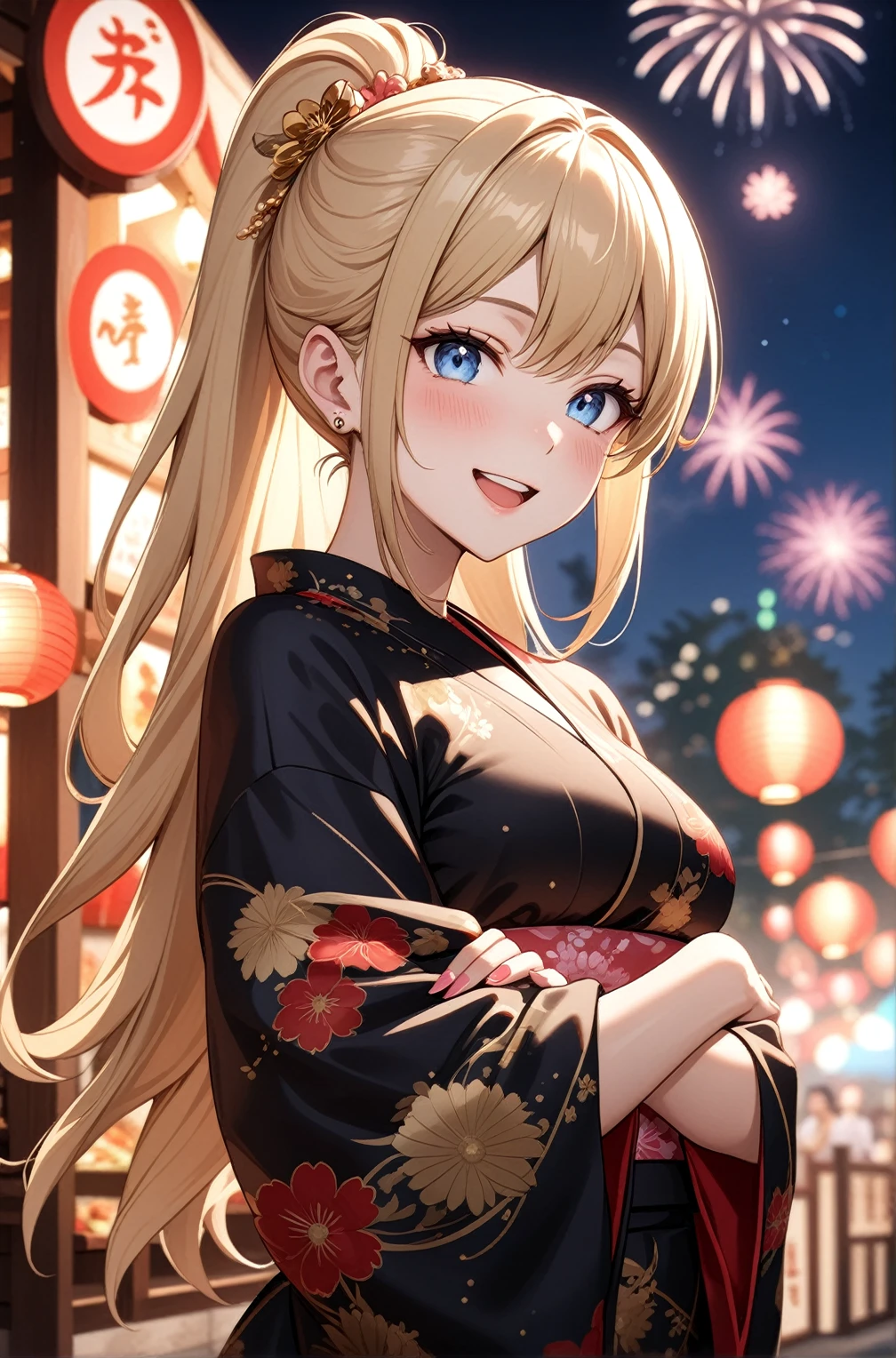 ((One woman)), Beautiful Face,Laugh happily,((Wink)),Blushing,Laughing with your mouth open,Glossy Lips,Abstract, night,shrine,Festival food stalls, firework,((Anime style background)),masterpiece, highest quality, so beautiful, up to date, Complex details, (Pink long nails),AI-generated, Complex,High resolution, highest quality, super high quality,3D Images、View the viewers、3D Images,one person,Woman with long blonde hair,High Ponytail,blue eyes,Anime woman posing for a photo, [[Fine grain、Colorful eyes、Shining Eyes:1.15]],(Squint your eyes:1.1),a hyperRealistic , hyperRealistic , Realistic , Blonde anime woman with long hair, Smooth anime CG art, A woman in a gorgeous kimono with gold embroidery, Black kimono,Flower pattern kimono,Long flower hair ornament,Earrings,(Large Breasts:1.3),Mature Body,tall,Big Ass,Fine details,Abdominal muscles,Shooting from an angle,(A woman making a heart sign with her hands),(Put your hands together)