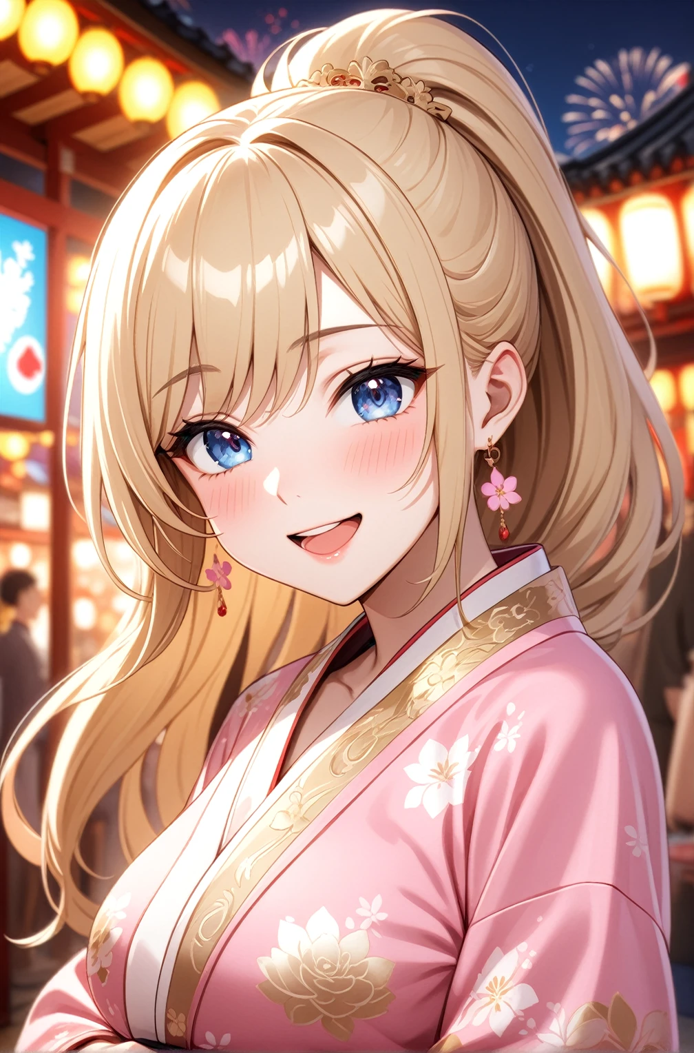 ((One woman)), Beautiful Face,Laugh happily,((Wink)),Blushing,Laughing with your mouth open,Glossy Lips,Abstract, night,shrine,Festival food stalls, firework,((Anime style background)),masterpiece, highest quality, so beautiful, up to date, Complex details, (Pink long nails),AI-generated, Complex,High resolution, highest quality, super high quality,3D Images、View the viewers、3D Images,one person,Woman with long blonde hair,High Ponytail,blue eyes,Anime woman posing for a photo, [[Fine grain、Colorful eyes、Shining Eyes:1.15]],(Squint your eyes:1.1),a hyperRealistic , hyperRealistic , Realistic , Blonde anime woman with long hair, Smooth anime CG art, A woman in a gorgeous kimono with gold embroidery, Black kimono,Flower pattern kimono,Long flower hair ornament,Earrings,(Large Breasts:1.3),Mature Body,tall,Big Ass,Fine details,Abdominal muscles,Shooting from an angle,(A woman making a heart sign with her hands),(Put your hands together)