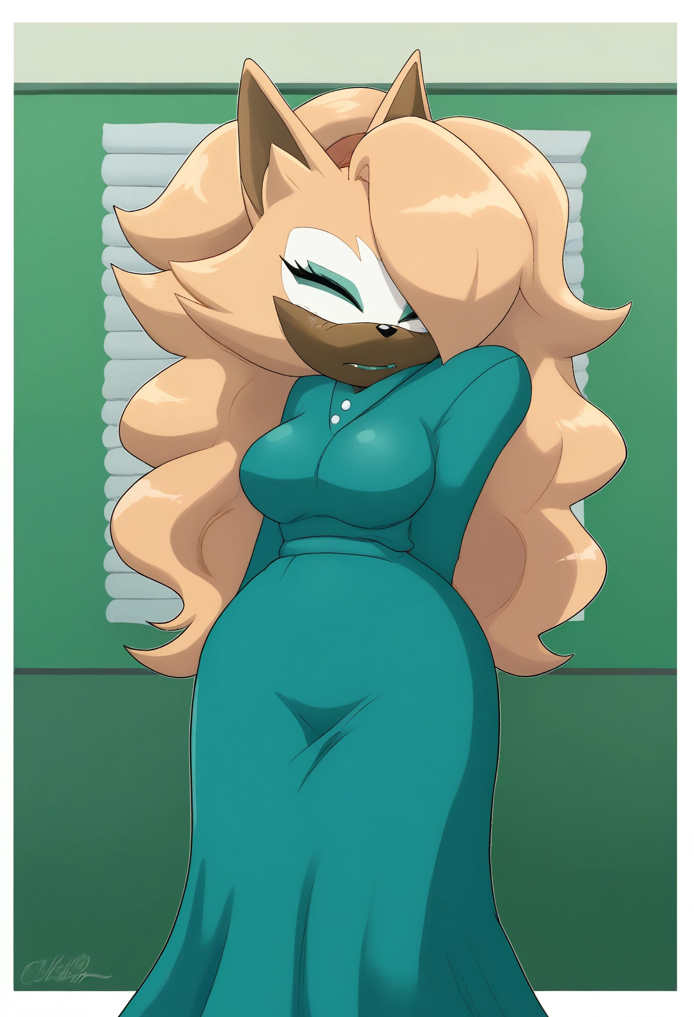 Female wolf, 1girl, solo, Whisper the Wolf, closed eyes, (hair down), long wavy hair, hair down, body, medium breasts, eyelashes, teal makeup, light on the lipstick, nervous, school house, dressed as a teacher, teacher dress, teal dress, long skirt, teacher attire, classroom, daytime, mobian, mobius city