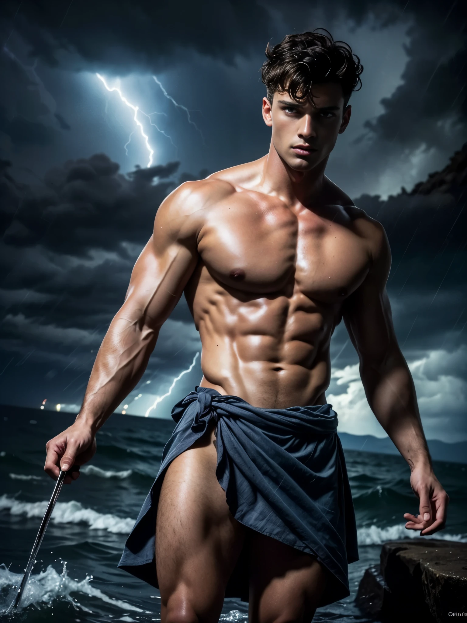 Photorealistic, ((best quality)), ((masterpiece)), (detailed),masculine portrait of young god Poseidon, 18-year-old male models, Poseidon god, god of the seas, Neptune, handsome, tall, cute looking, evil look, dark look, powerful, young male, handsome model, clean shave, blue eyes. (short curly messy brown hair:1.2), messy curly hair, super strong, muscular, fit, massive muscles, six pack, hairless chest, shirtless, pantless, shirtless, barechested, chest exposed, upper-body exposed, muscle, ripped, strong body, fit body, barelegged, barefoot, ancient dark blue linen small skirt, antique roman linen draped cloth skirt, ocean cave, on the water, open ocean, Dark background, storm, (night dark storm:1.6), dark clouds, 8k, high detailed, ultra-detailed, Stylish Pose, real skin texture, (dark cinematic lighting:1.4), night, dark night,