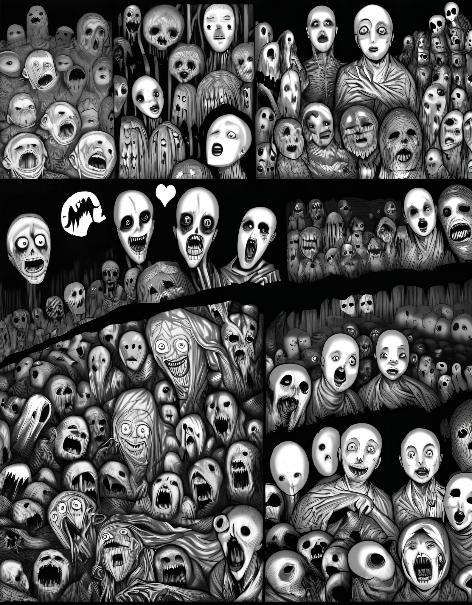 (Junji Ito manga portrait illustration of girls face), horrified, scared, afraid expression, detailed, horror theme:1.5, gothic horror, black and white, creepy atmosphere, disturbing)