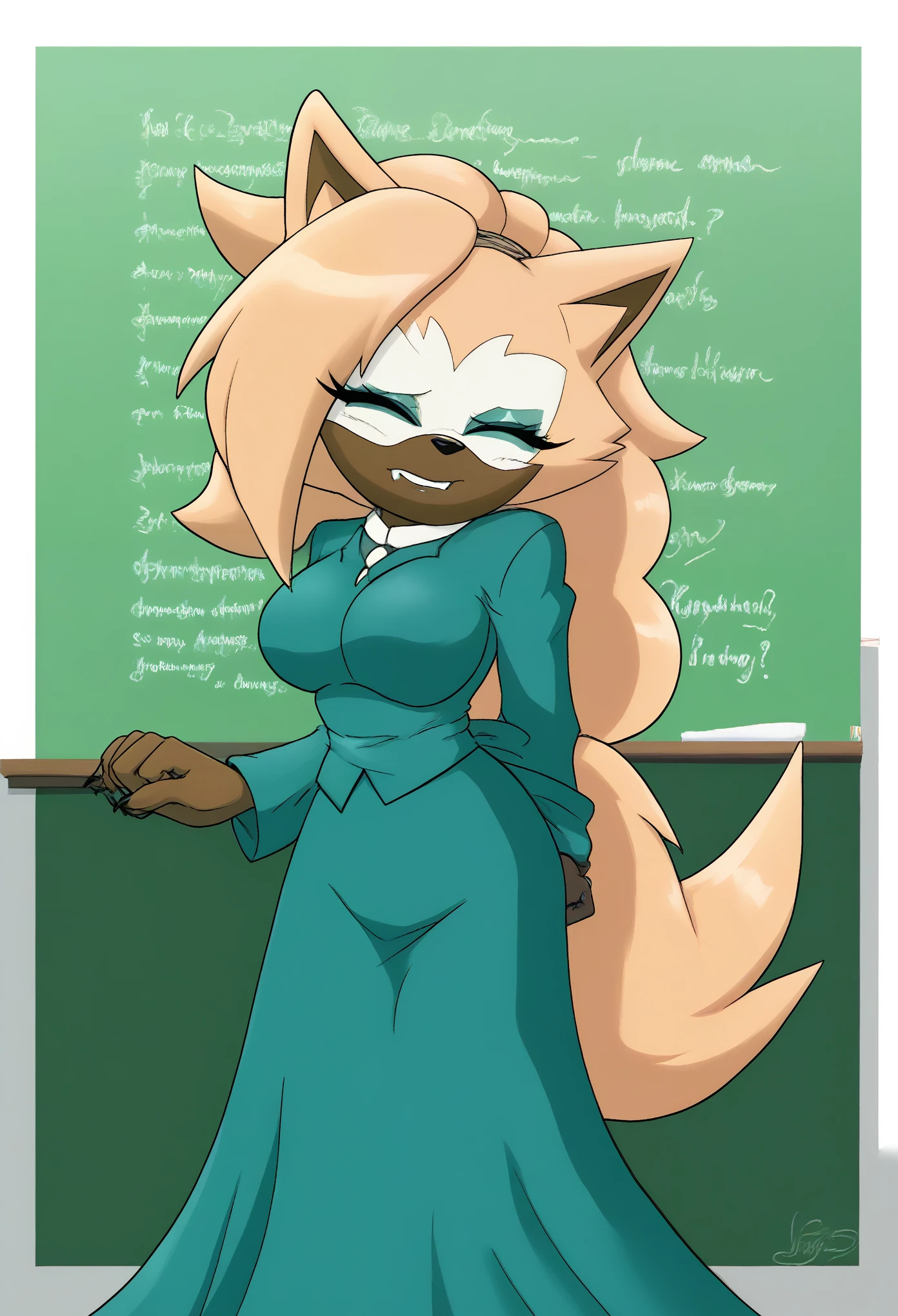 Female wolf, 1girl, solo, Whisper the Wolf, closed eyes, (hair down), long wavy hair, hair down, body, medium breasts, eyelashes, teal makeup, light on the lipstick, nervous, school house, dressed as a teacher, teacher dress, teal dress, long skirt, teacher attire, classroom, daytime, mobian, mobius city
